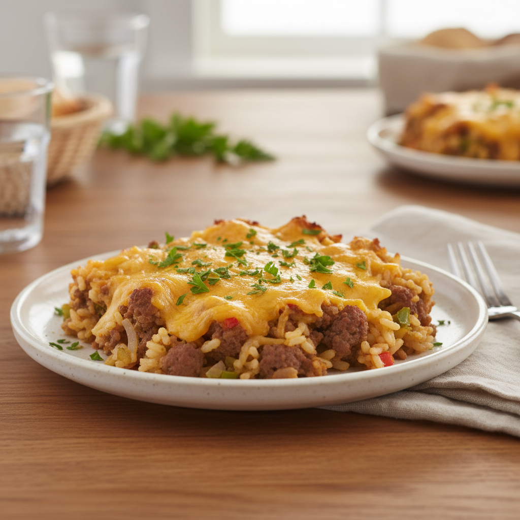 Finished Cheesy Hamburger Rice Casserole ready to serve