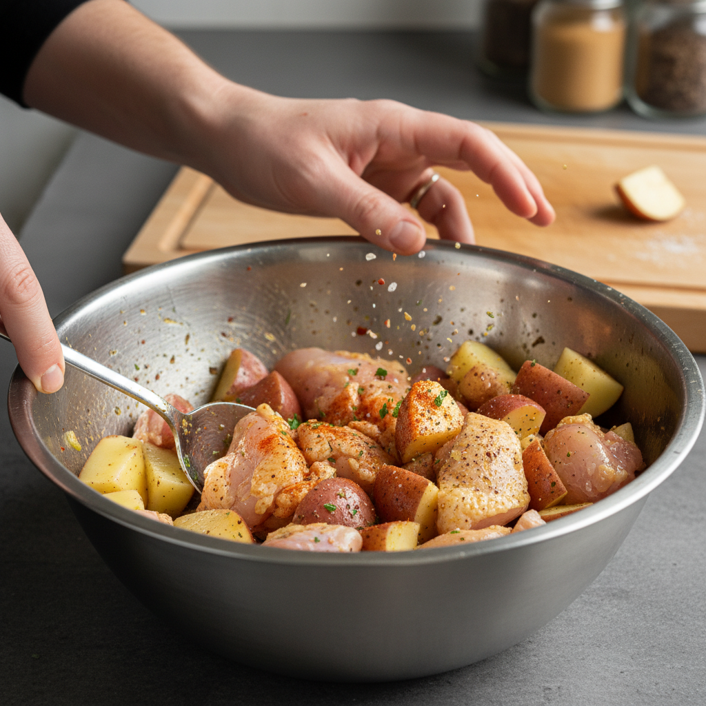 Seasoned chicken pieces in a mixing bowl