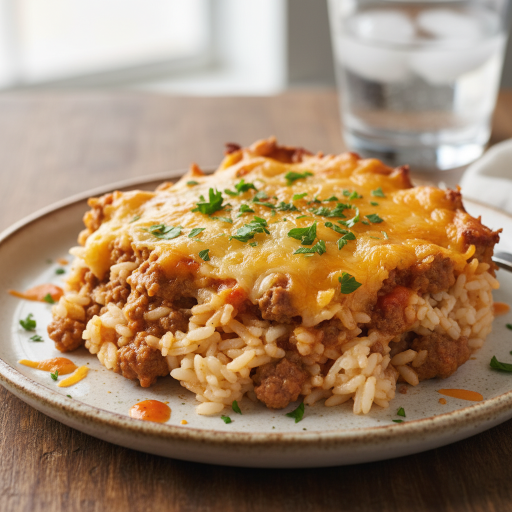 Cheesy Hamburger Rice Casserole ready to serve