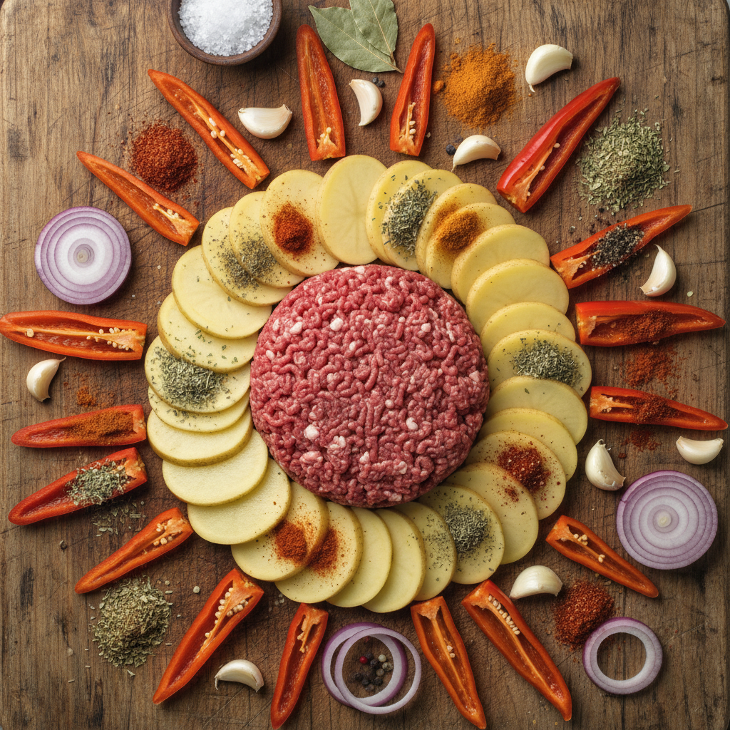 Ingredients for cheesy meat and potato skillet