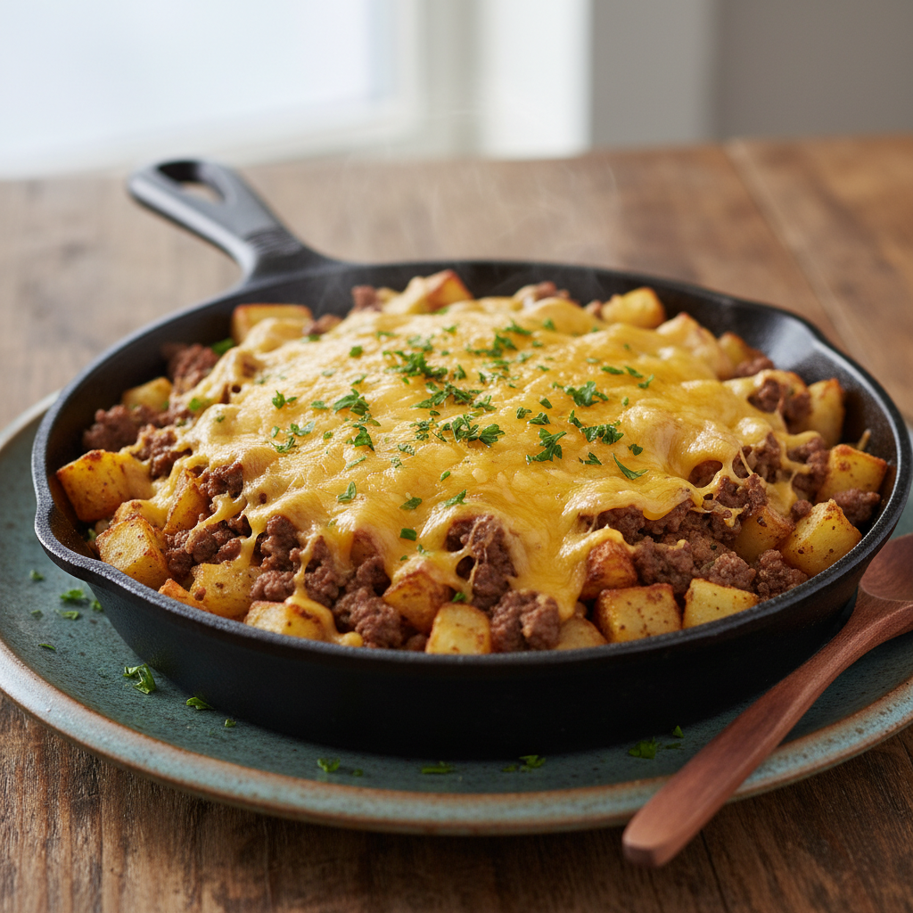 Cheesy meat and potatoes ready to serve