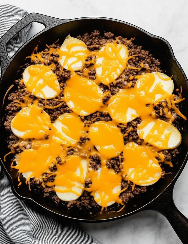 Beef and potatoes in one pot with cheese