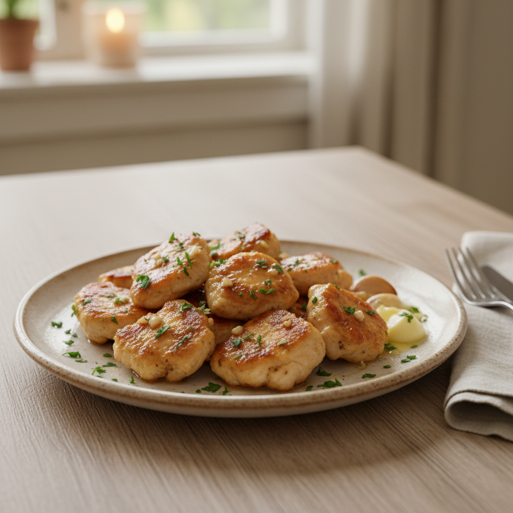 Golden browned chicken pieces cooking in skillet