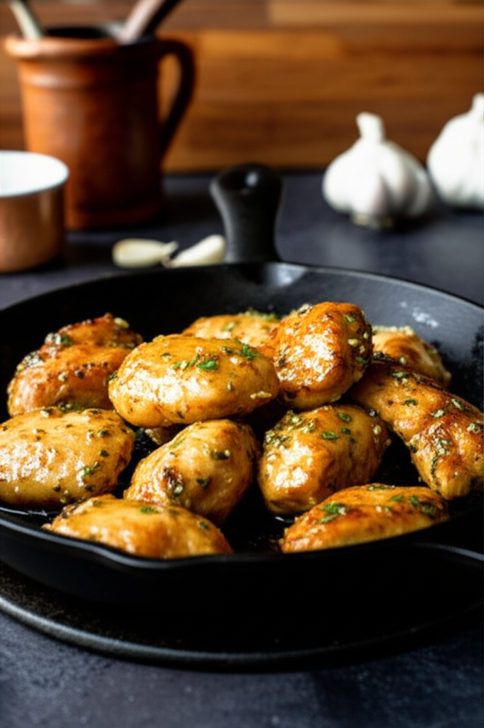 Plate of cooked garlic butter chicken bites
