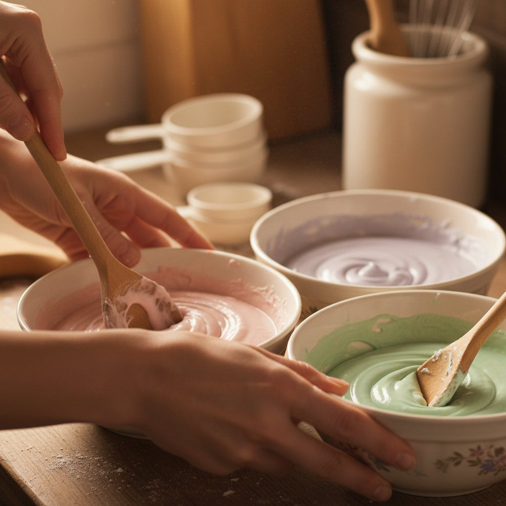 Mixing colored batter in bowls for pastel swirl cupcakes