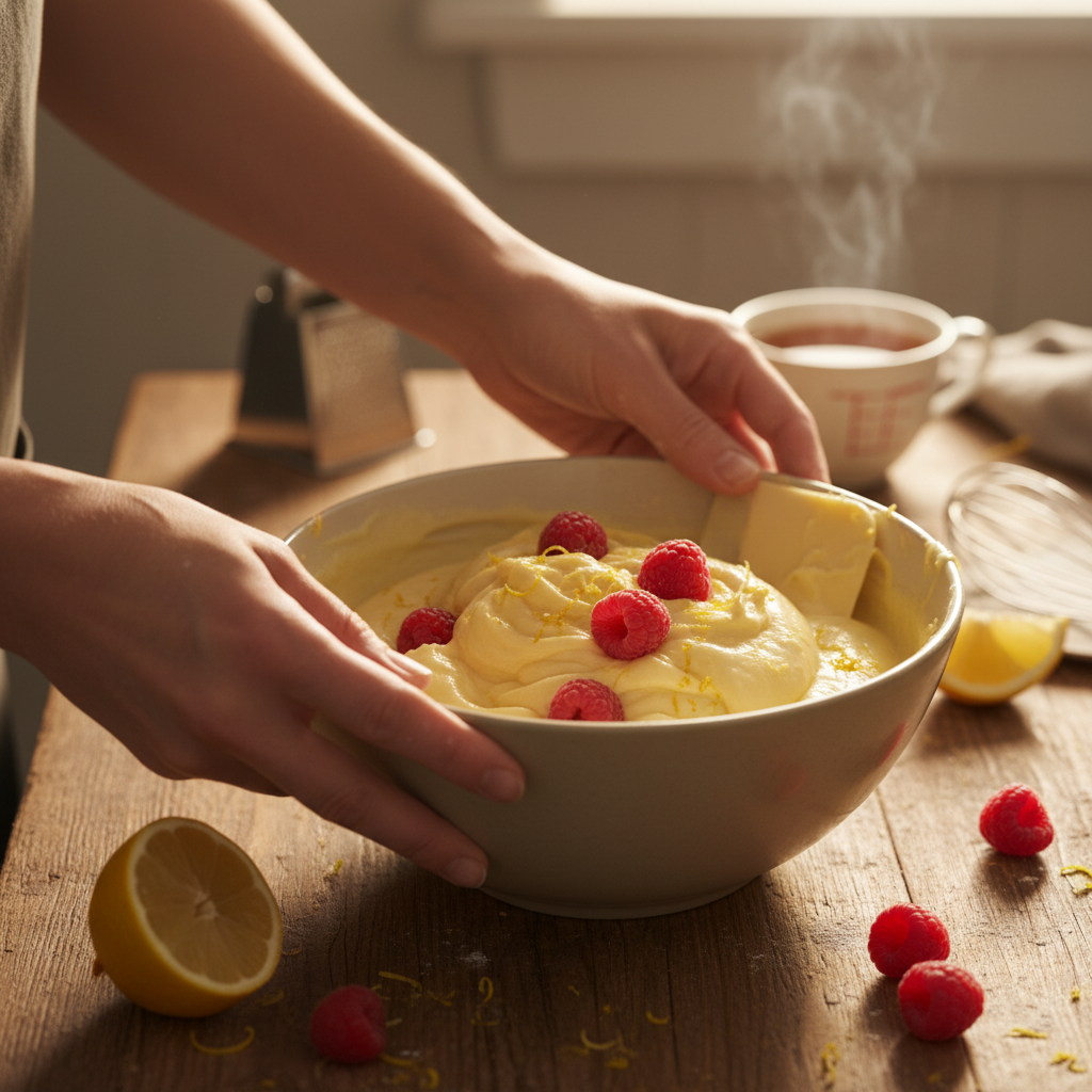 Mixing wet and dry ingredients for Lemon Raspberry Easter Cake