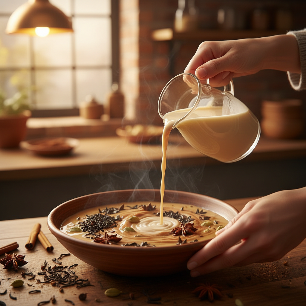 Chai latte ingredients: black tea, milk, spices