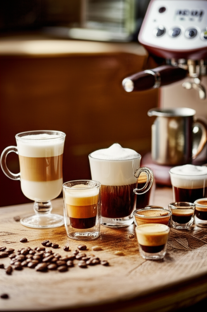 Variety of espresso drinks in cups