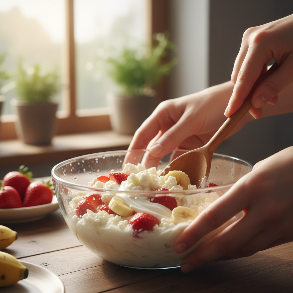 Preparation stage of Cottage Cheese Strawberry Banana Smoothie