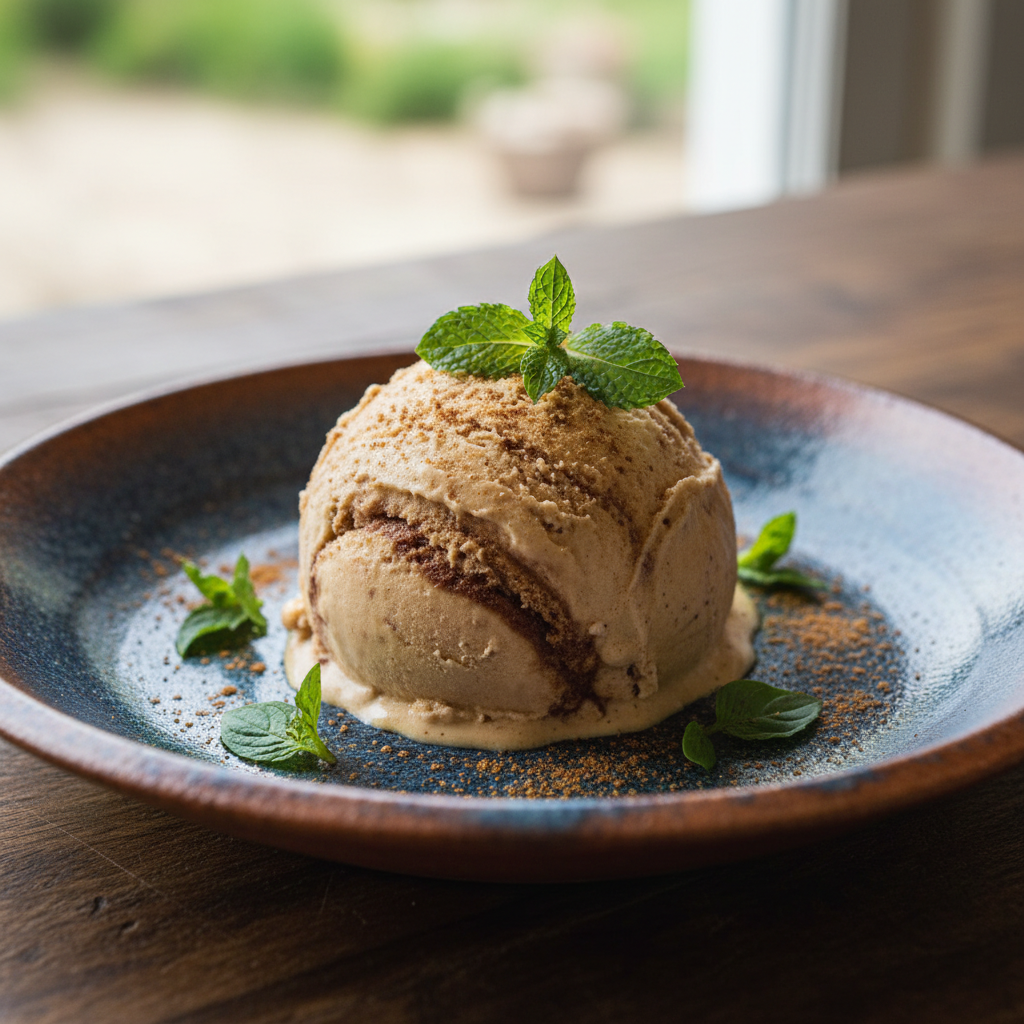 A scoop of Tiramisu Swirl Coffee Ice Cream in bowl