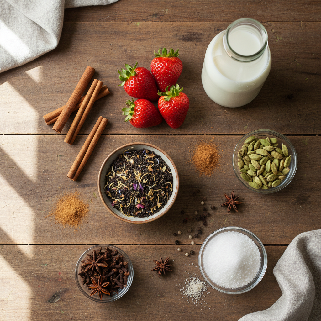 Sweet Strawberry Mistletoe Chai drink on a table