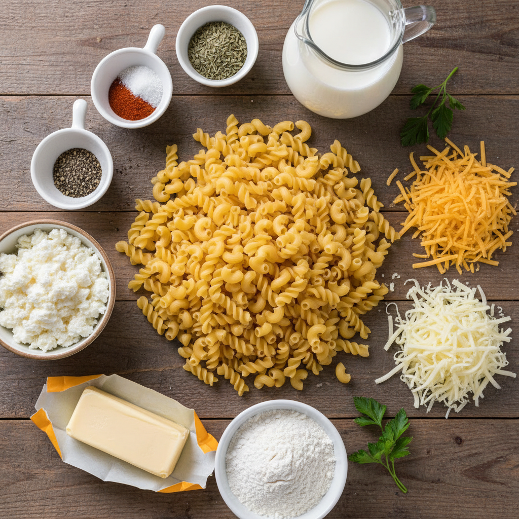 Ingredients laid out for creamy ricotta mac and cheese recipe