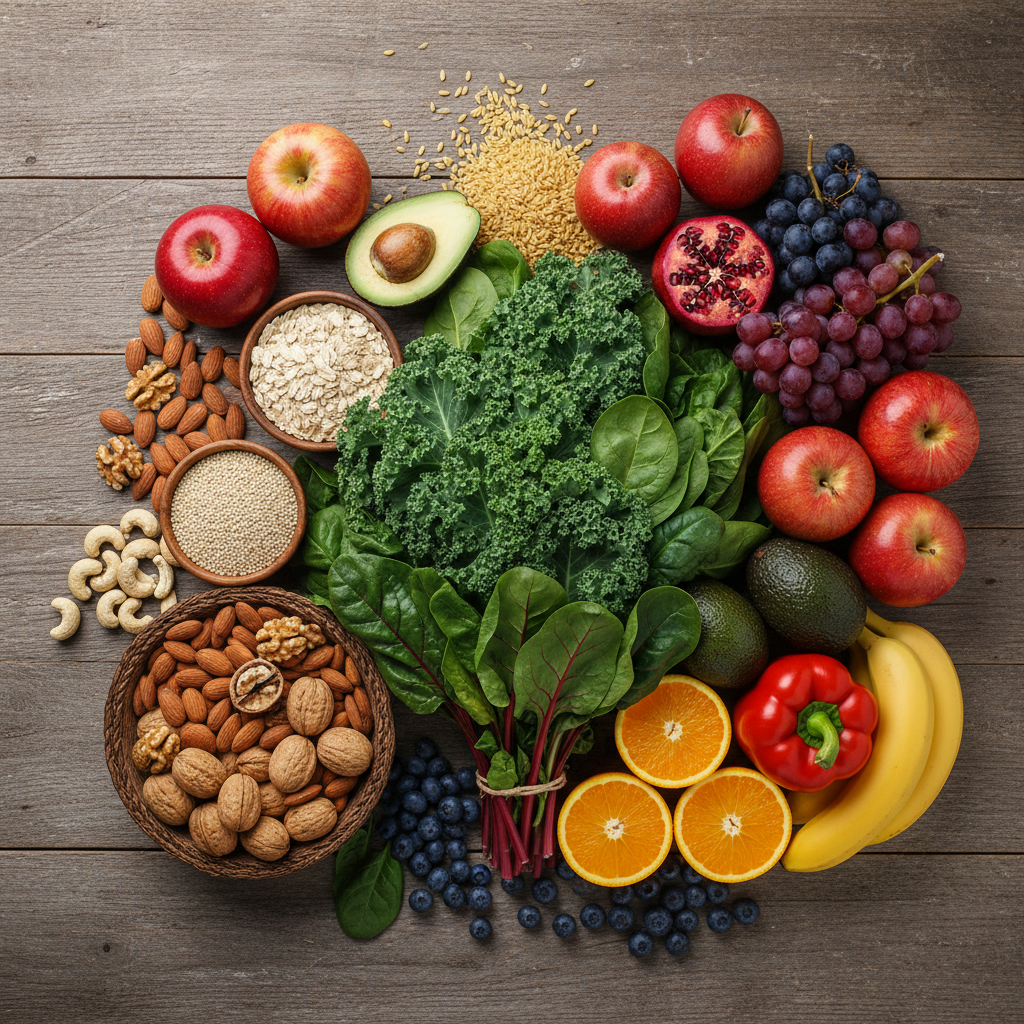 Whole nutritious foods on table