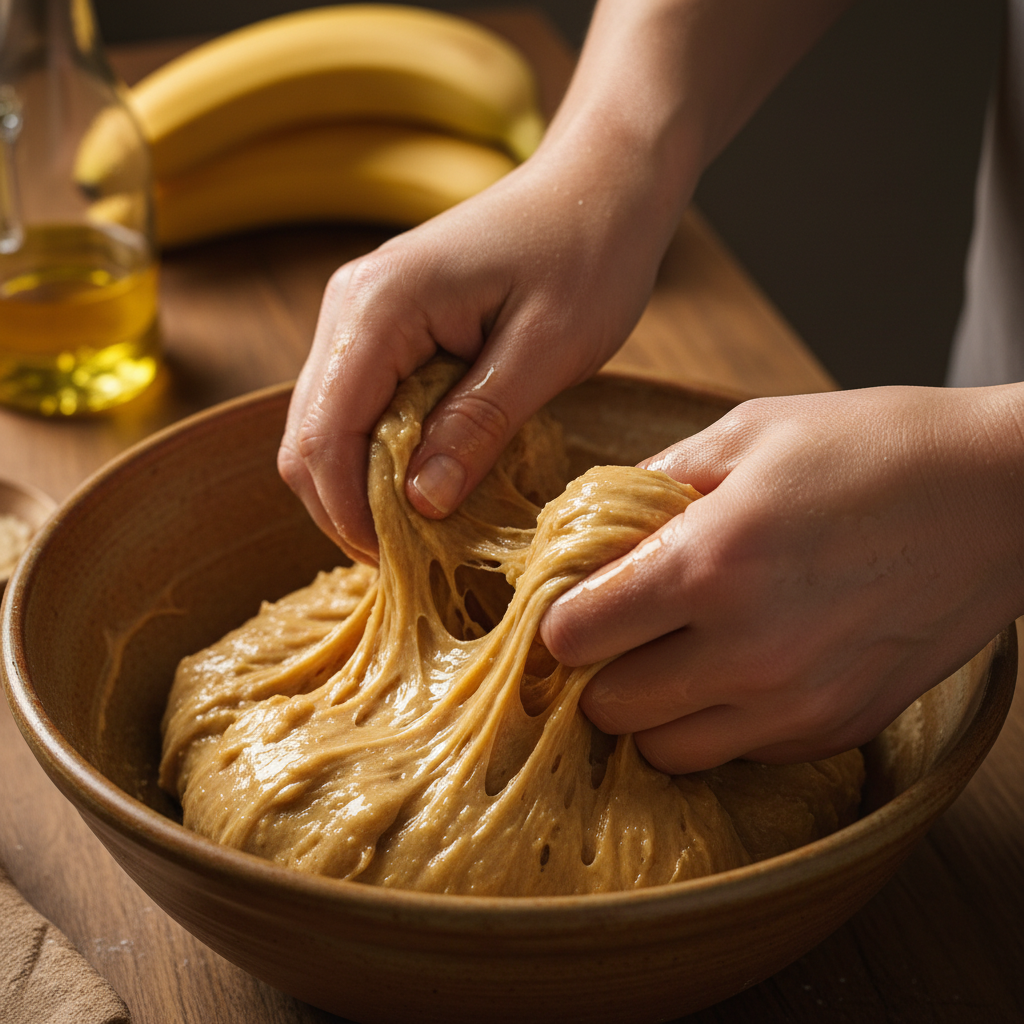 Kneading the banana dough by hand