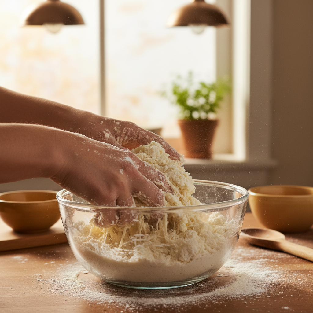Mixing Cottage Cheese and Flour Dough