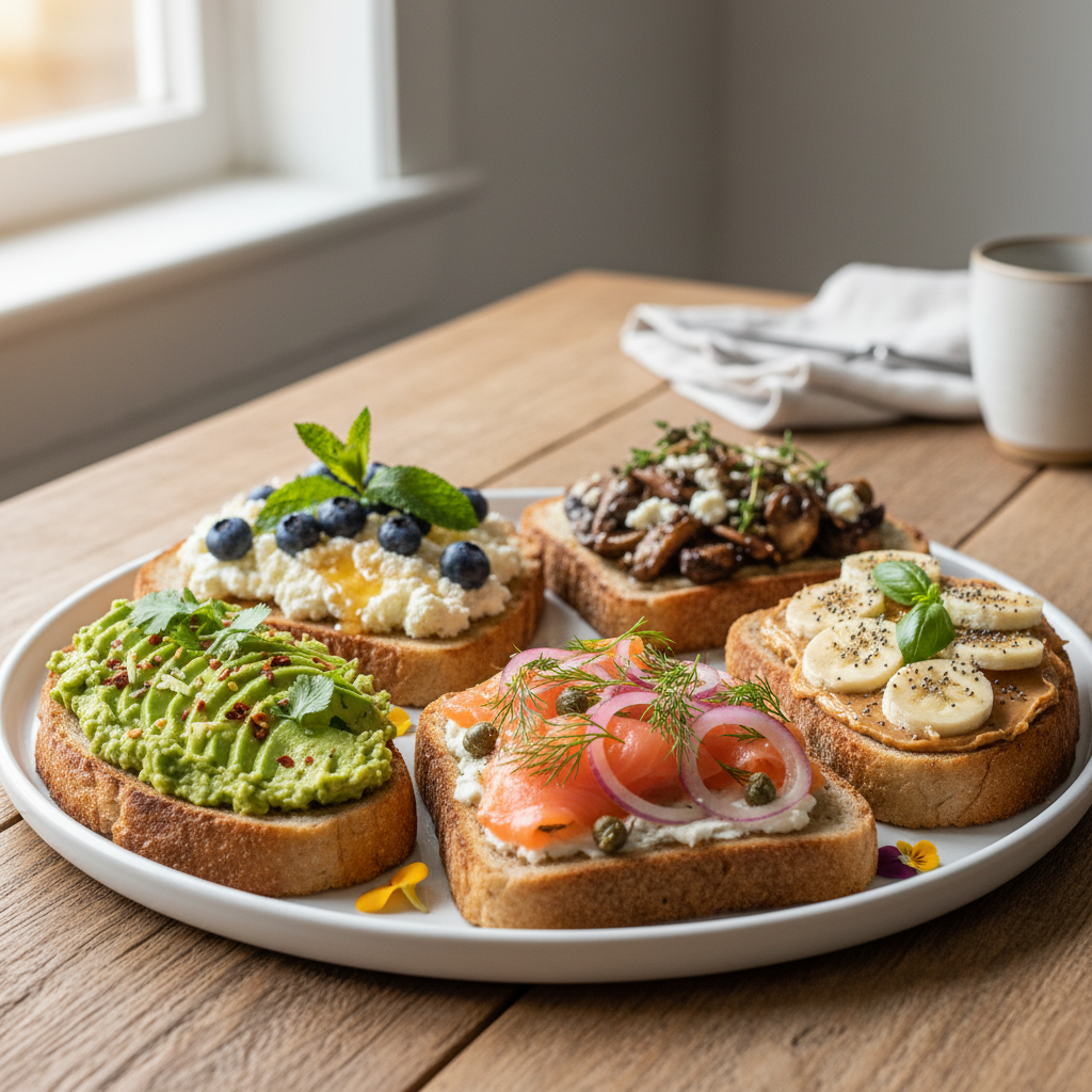 Assorted delicious finished breakfast toast recipes