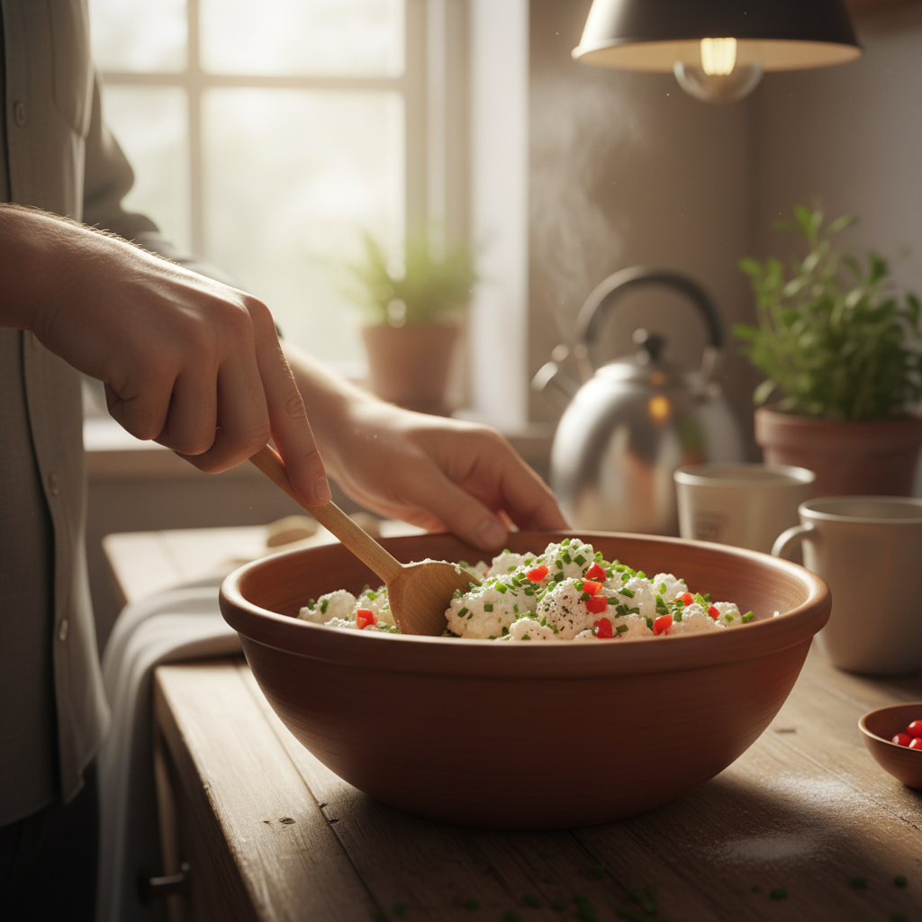Mixing cottage cheese with other dessert ingredients