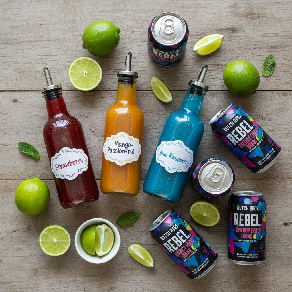 Variety of Dutch Bros Rebel syrup bottles and ingredients