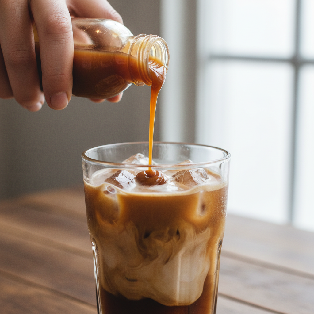 Preparing a Dunkin' Donuts coffee drink with syrups and cold foam