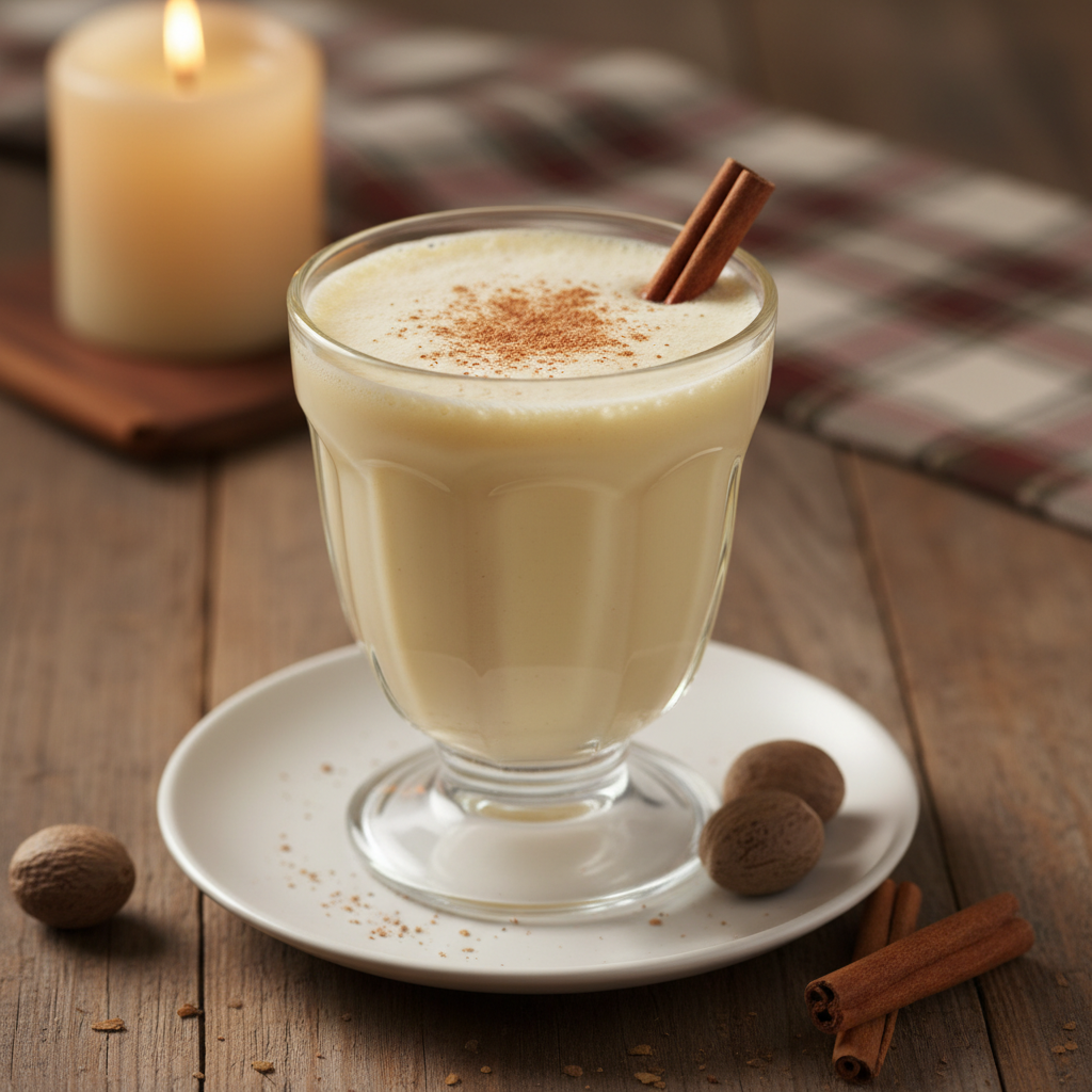 Maple cinnamon eggnog in a festive mug