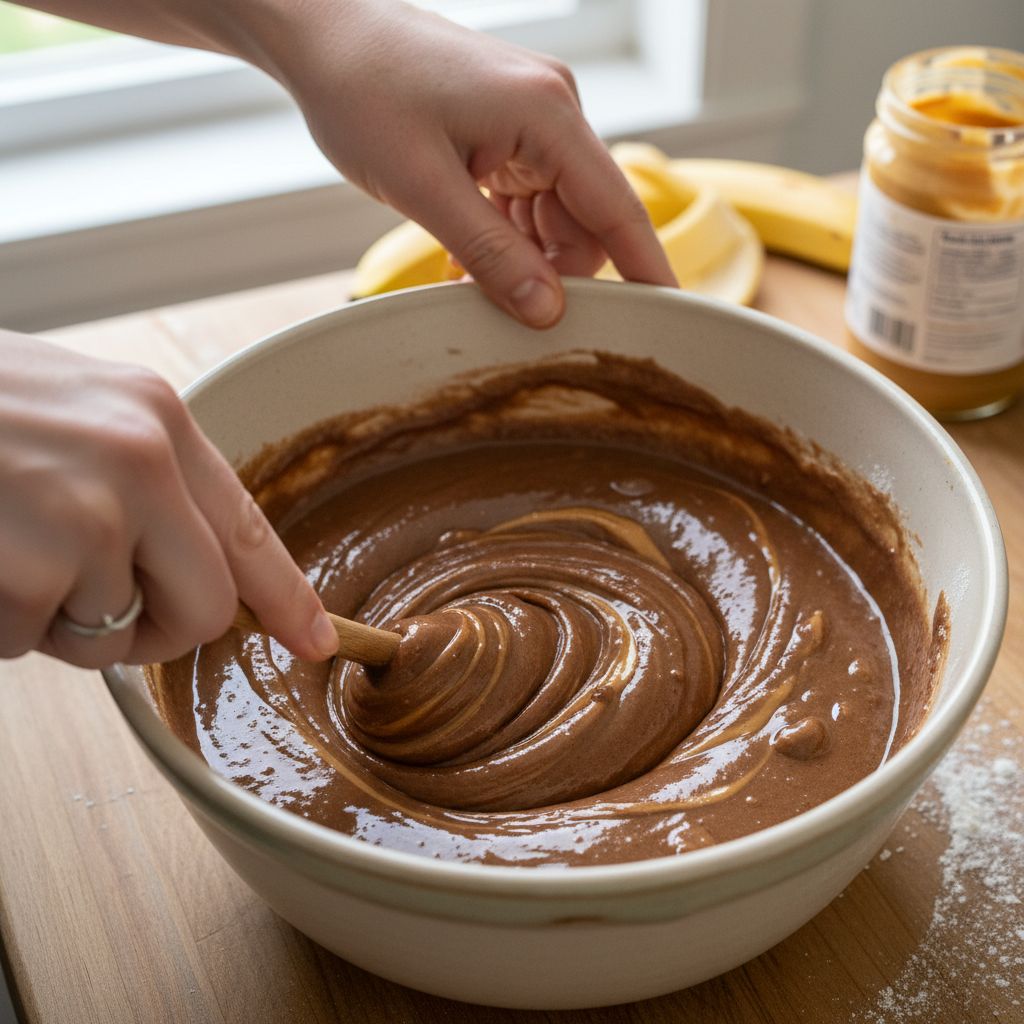 Mixing the banana brownie batter with peanut butter and cocoa