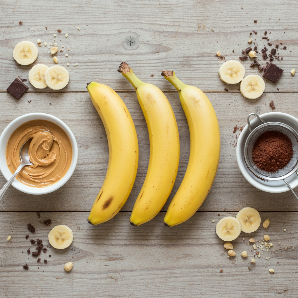 Ingredients for banana brownies with peanut butter and cocoa