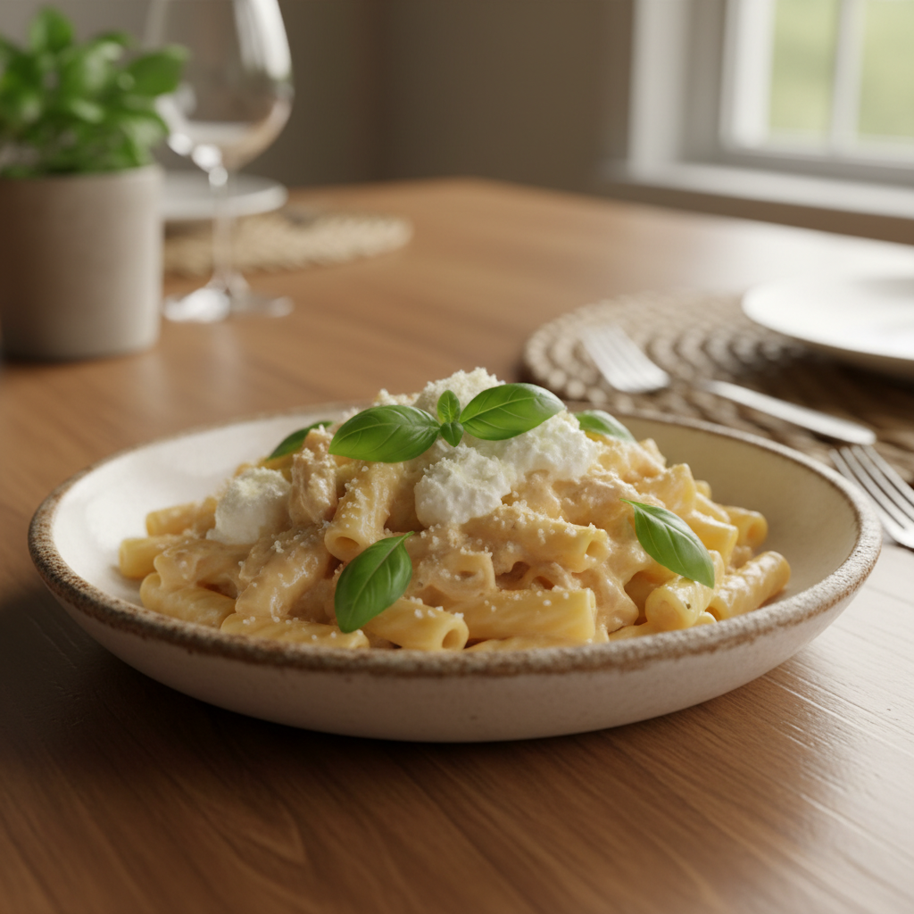 Creamy Ricotta Chicken Pasta served with fresh herbs garnish