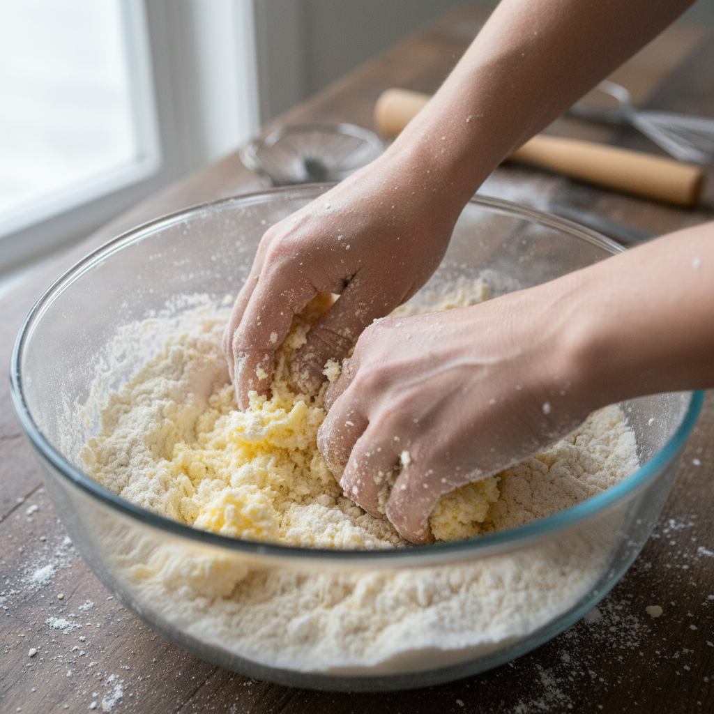 Grated frozen butter mixed into flour