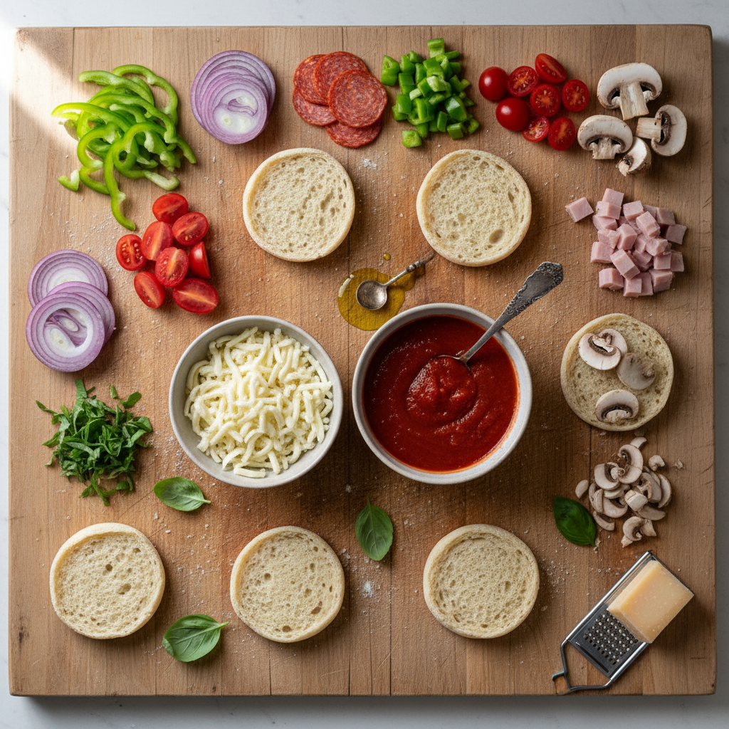 Mini pizzas with toppings before baking