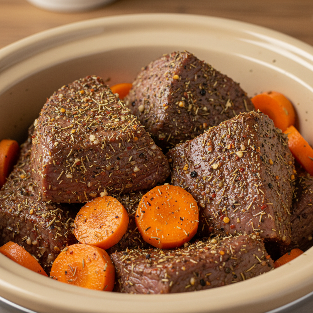 Slow Cooker Beef Bourguignon mixed in slow cooker
