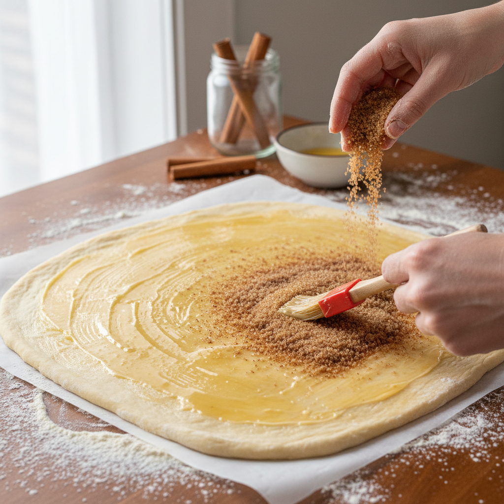 Brushing melted butter and sprinkling cinnamon sugar on rolled dough