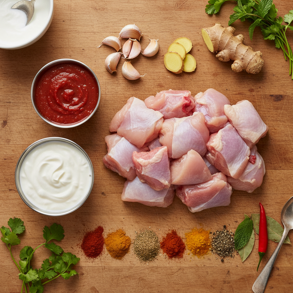 Ingredients for Butter Chicken on a counter