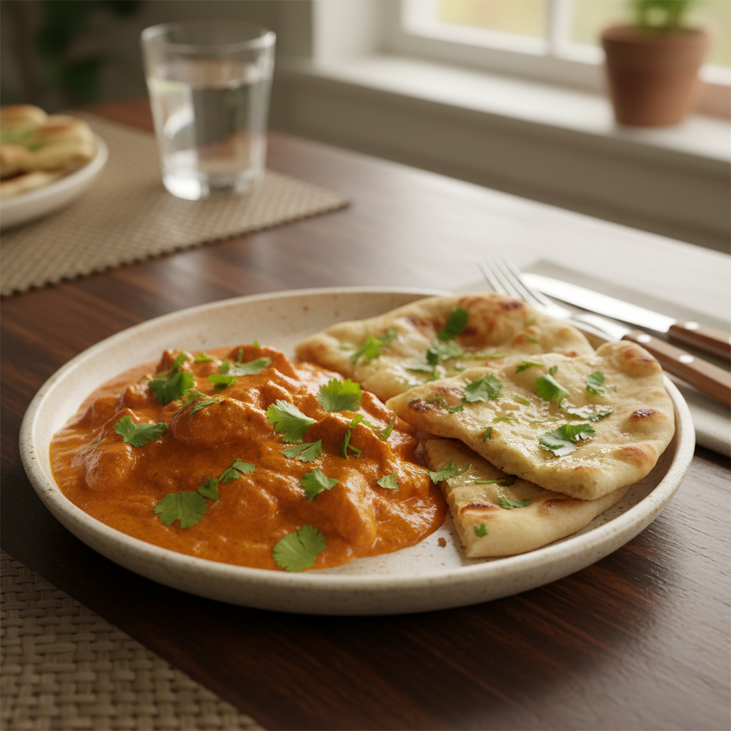 Served Butter Chicken with Rice and Naan