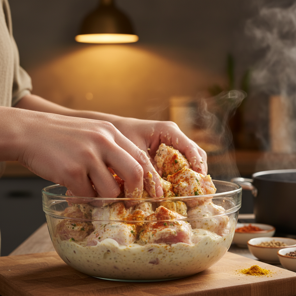 Preparing Butter Chicken Ingredients in Bowls