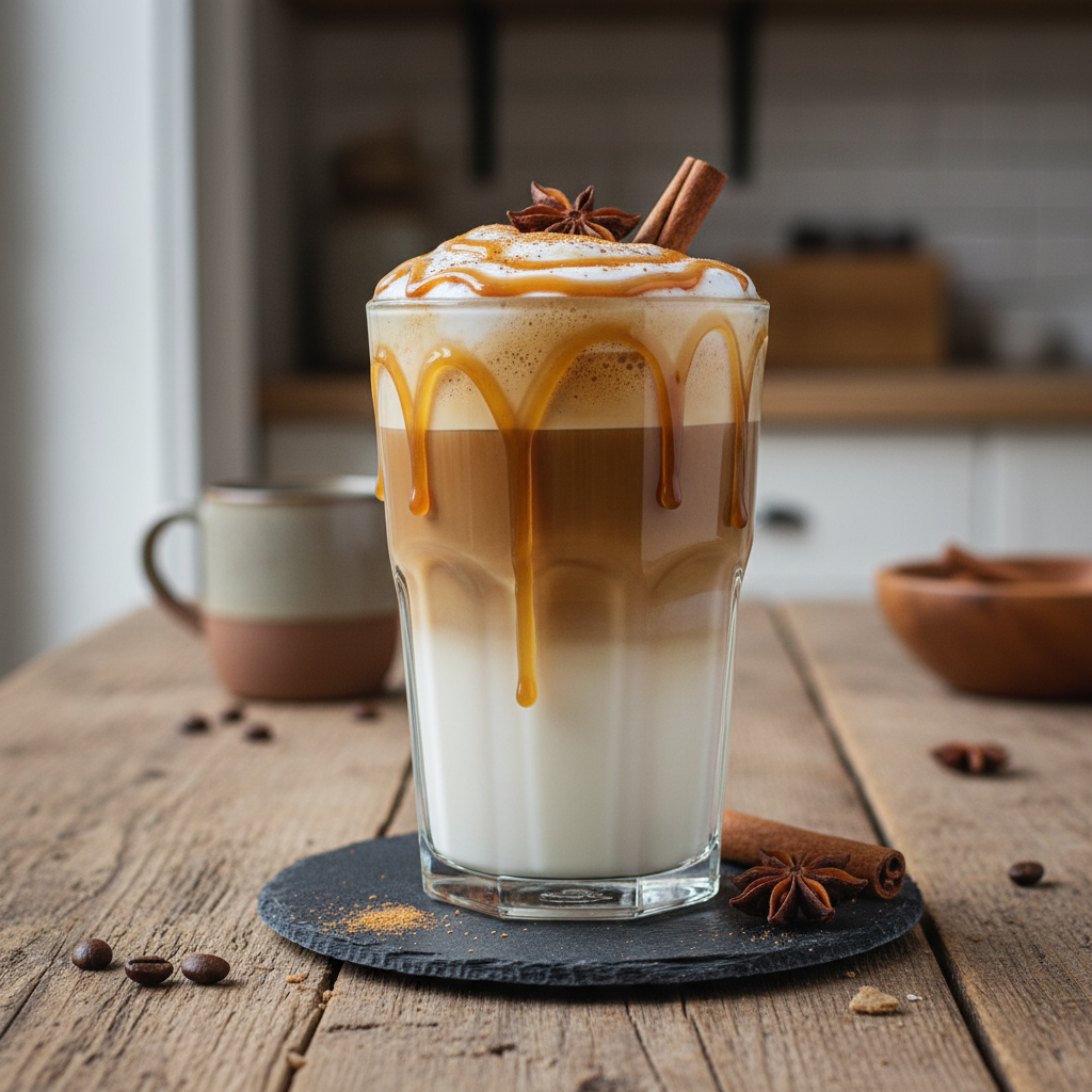 Cup of iced coffee with foam and caramel drizzle