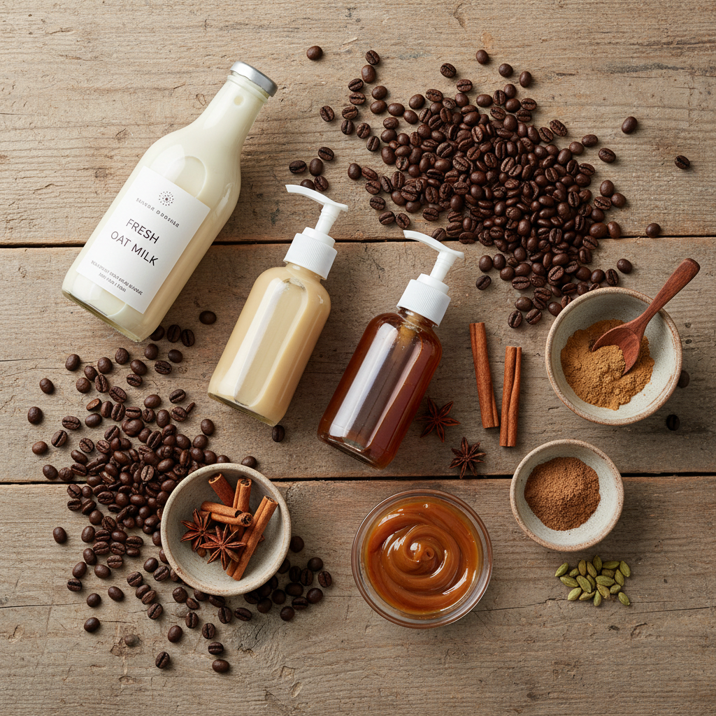 Variety of iced coffee drinks with toppings