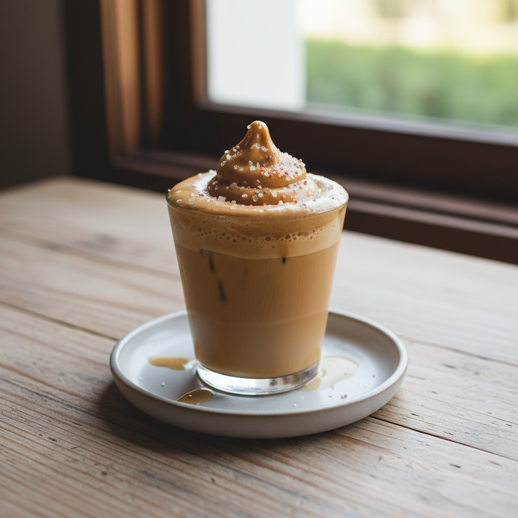 Vanilla Caramel Cold Brew with salted caramel soft top and sprinkles