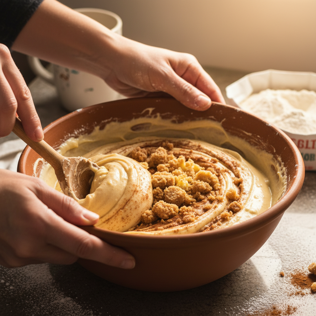 Step by step guide to baking coffee cakes with ingredients laid out