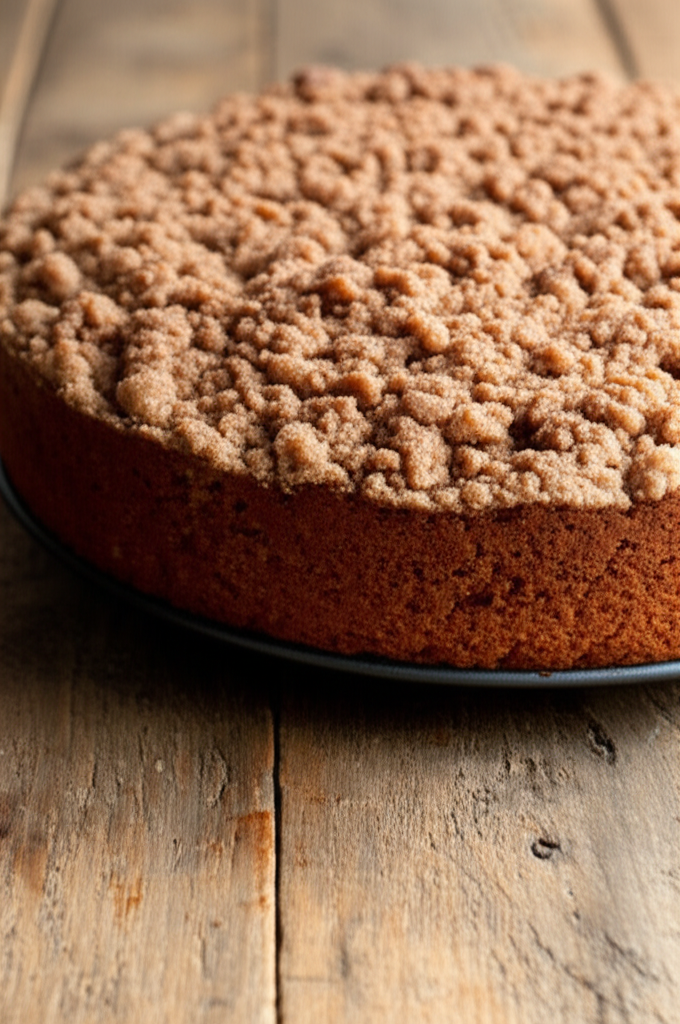 Freshly baked coffee cakes arranged on a wooden table