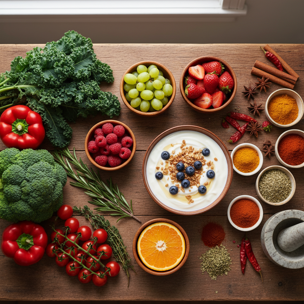 Healthy probiotic foods like yogurt and kimchi