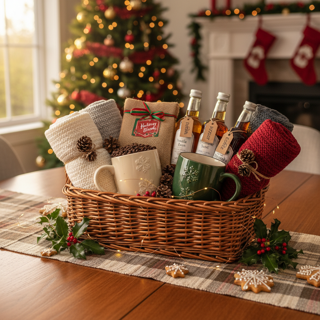 Holiday coffee basket with mugs, truffles, and cozy items