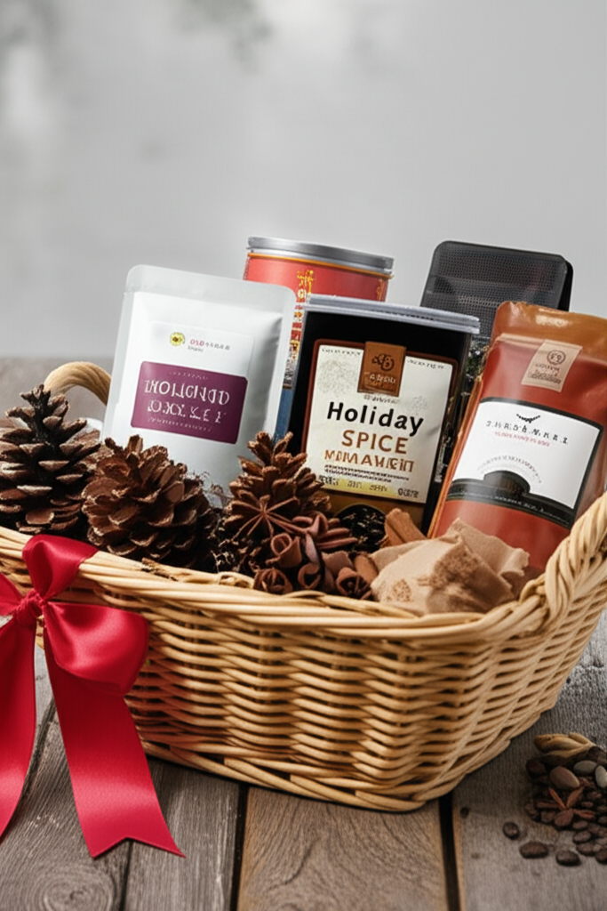 Christmas coffee gift basket with holiday decorations