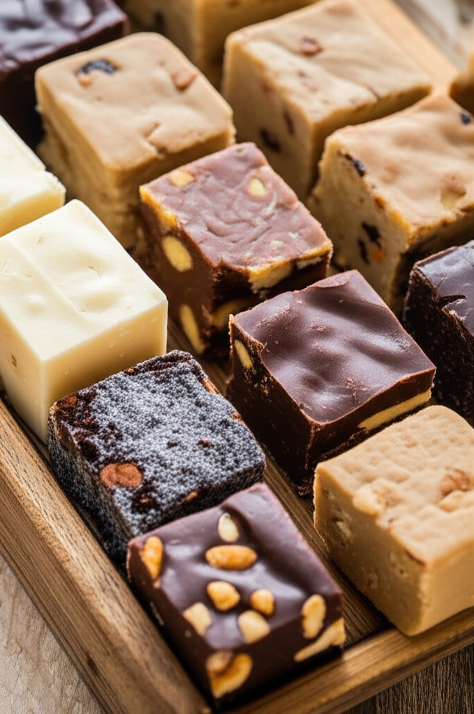 Assorted fudge varieties on a wooden board