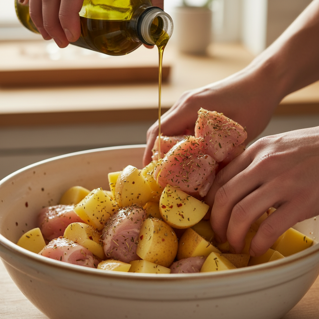 Mixing chicken and potatoes with oil and seasonings while meal prepping