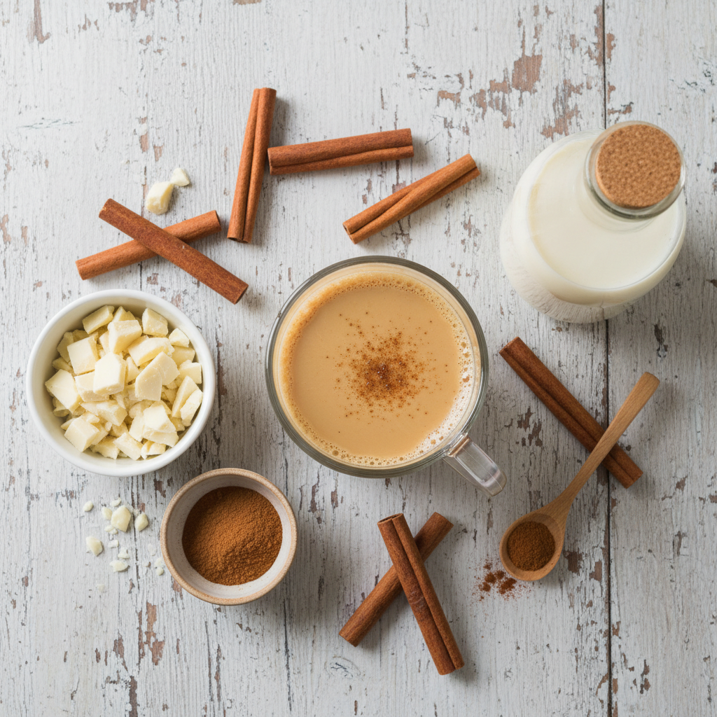 Cinnamon Roll Chai with almond milk foam and white chocolate drizzle