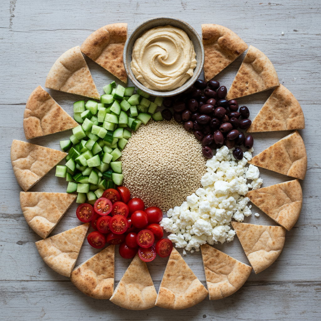 Ingredients for Mediterranean quinoa lunchable laid out