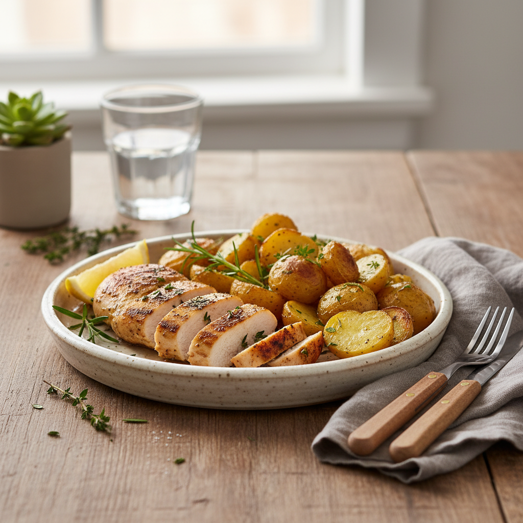 Sliced grilled chicken breast served on plate