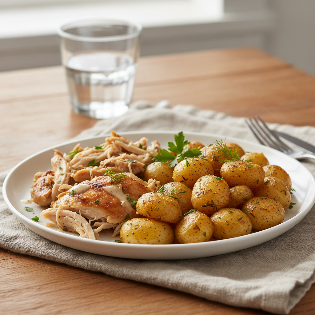 Sautéing vegetables and mixing chicken and potatoes with oil and seasonings