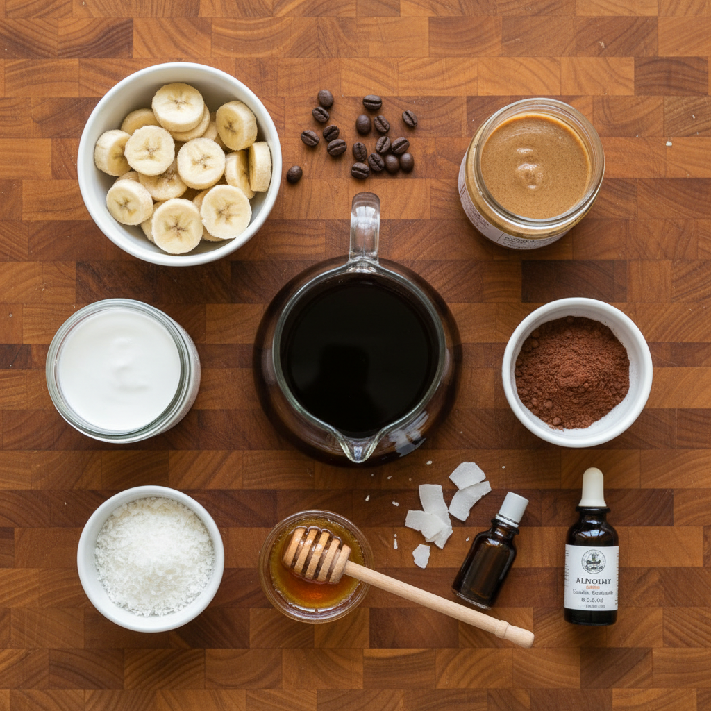 Ingredients and equipment for Almond Joy Coffee Smoothie