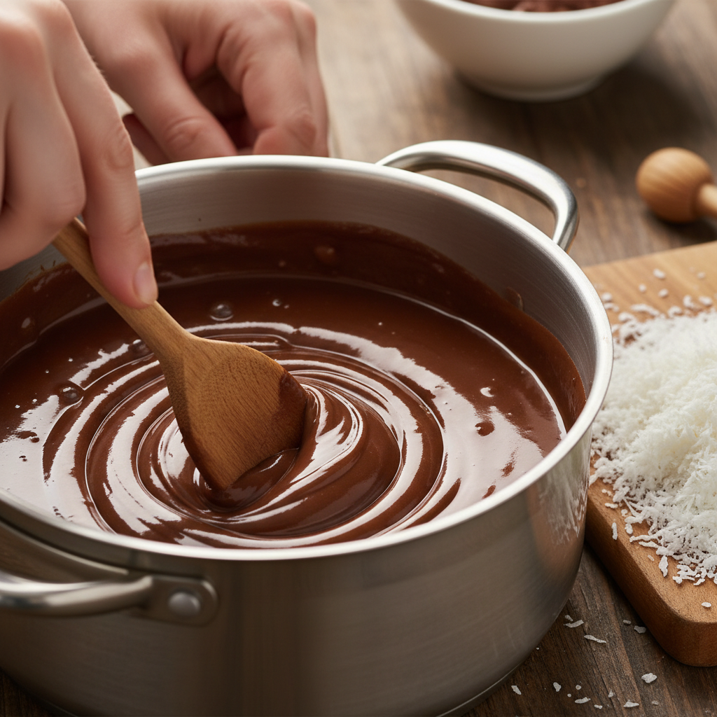 Melting chocolate and condensed milk in saucepan